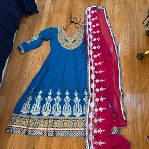Elegant Blue and pink Anarkali suit with Dupatta
